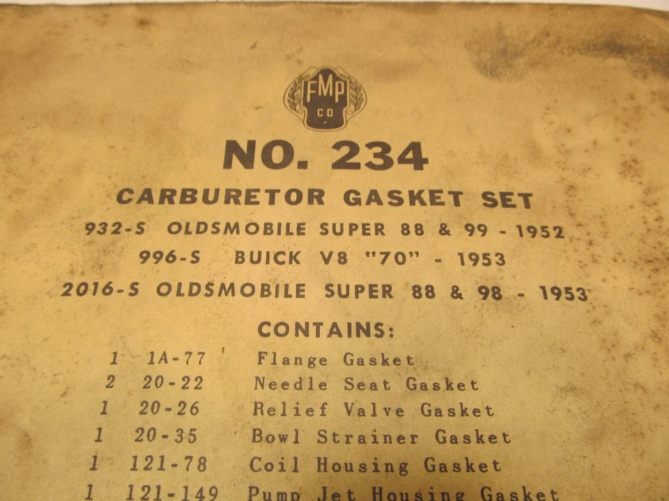 Kit de juntas de carburador FMP vintage para Oldsmobile 1952-1953 Super 88, 98 NO.234 Foto 2 de 4