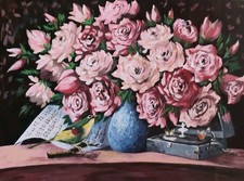 Rosen Gemälde mit Rahmen 50/70cm, Blume Wanddeko , handgemalt, Geschenkidee 