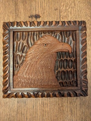 Hand Carved Wooden Plaque Of American Bald Eagle in Relief. Patriotic, Americana