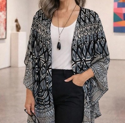 Art Deco Tolani Silk Kimono Duster Jacket One Size Open Front Artsy Bohemian