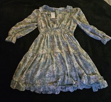 NWT Boho Cottagecore Floral Smocked Waist Tiered Chiffon Mini Dress Sage Green S