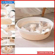 Handwoven Cat Basket Bed 18.5 Inch Cotton Rope Cooling Indoor with Cushion