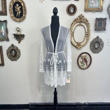 Vintage White Lace Sheer Kimono Robe   New With Tags Romantic Bridal Coverup