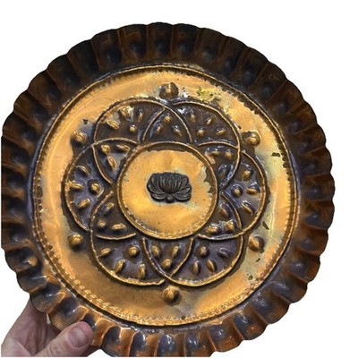 Vintage Hand Hammered Gregorian Copper Round Serving Plate Wall Hang Decor Lotus