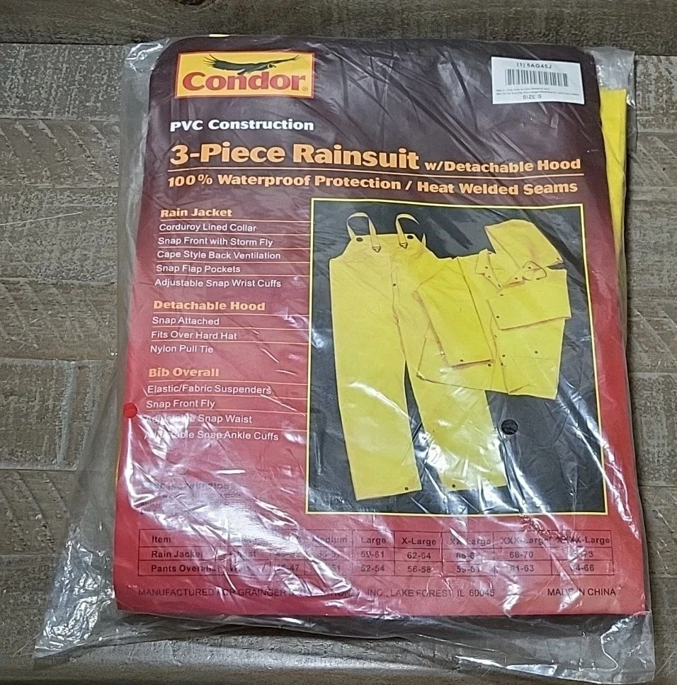 Yellow Rain-suit Rain Jacket w Detachable Hoodie & Bib Overall Waterproof Small