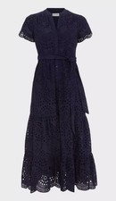 Hobbs Rhianne Dress Broderie Anglaise Navy Short Sleeve Size 16 Belted Tiered