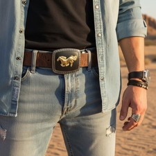 Men Casual FashionWestern Belt Buckle Silver Metal Square Gold Rodeo Horse Black