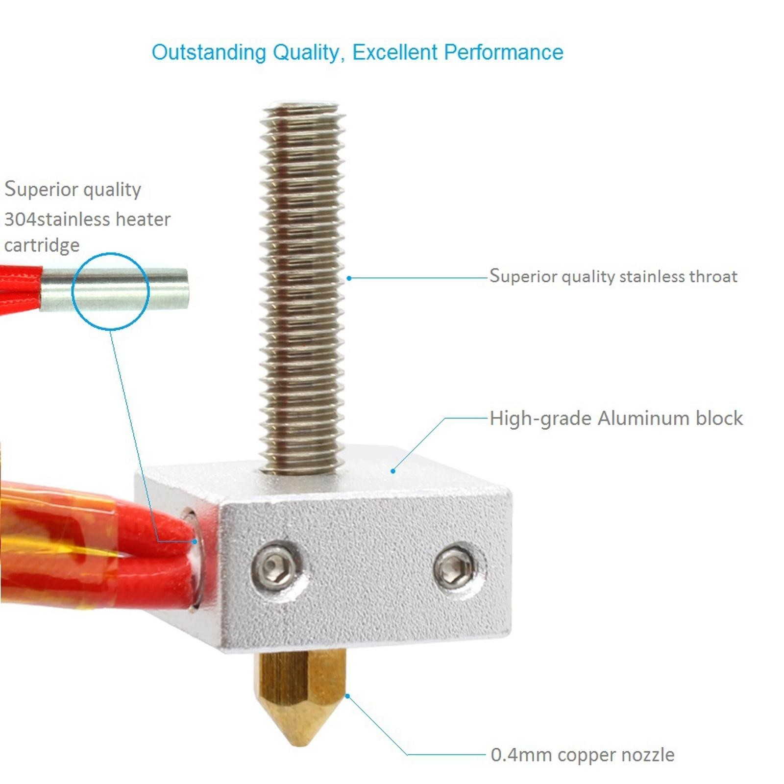 3D Printer 1.75mm to 0.4mm MK8 Nozzle Heating Block Thermistor Throat Tube Set