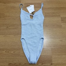 NEW! £195 HUNZA G Light Blue Scoop Neck Bead Detail One Piece Swimsuit One Size