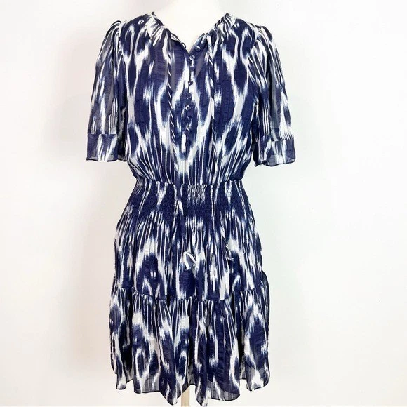REBECCA TAYLOR SILK BLUE WHITE IKAT PRINT SMOCKED WAIST DRESS WOMENS SZ 8 - Image 2 of 4