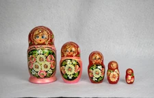 5 Piece Russian Nesting Dolls Hand Painted Wood  Pink 6 1/2” Tall