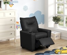 23"W Black PVC Fabric Kids Recliner Chair with Cupholder