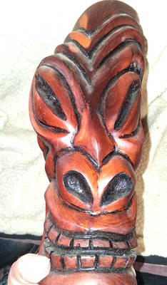 TIKI WOOD FACE STATUE CARVING KOA/MONKEY POD SIGNED R. KOGER 07 12''