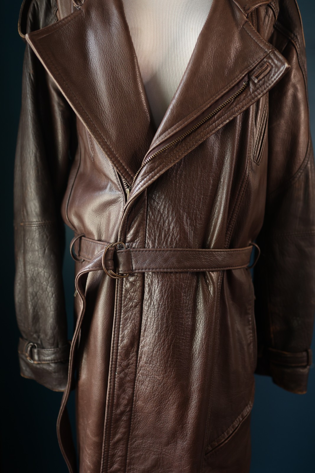 Vintage 70s Bermans Brown Trench Coat Men 40 Zip Button Belt Western Steampunk