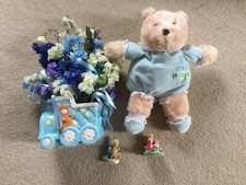 Soft Teddy It’s A Boy ,Ceramic Train Pot  With Blue,Cream And White Flowers