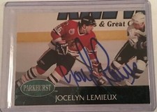 JOCELYN LEMIEUX CHICAGO BLACKHAWKS SIGNED PARKHURST 1992-93 CARD #275 AUTOGRAPH 