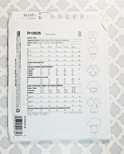 McCall's Misses Sierra Top Blouse Pattern R10626 Sizes XS-XLNEW UNCUT Orig. $19+ - Imagen 2 de 2