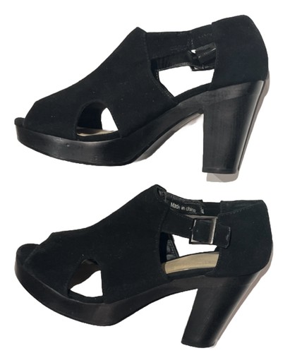 Nine West 9 X 9 Black Suede Pumps Peep Toes Block 3.5”Heels Womens Size 7 - Picture 5 of 10