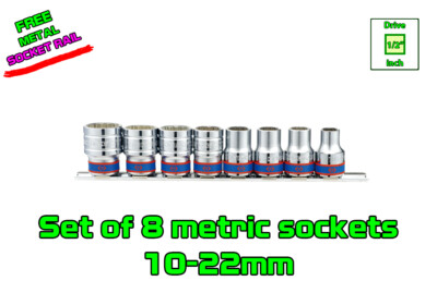 Set of 8 pcs 1/2  Drive 12 Point Metric Standard Sockets 10-22mm Size 12pt 1/2in