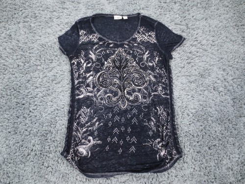 Cato Shirt Womens Small Dark Blue Lightweight Stretch Knit Fleur Braided Edge