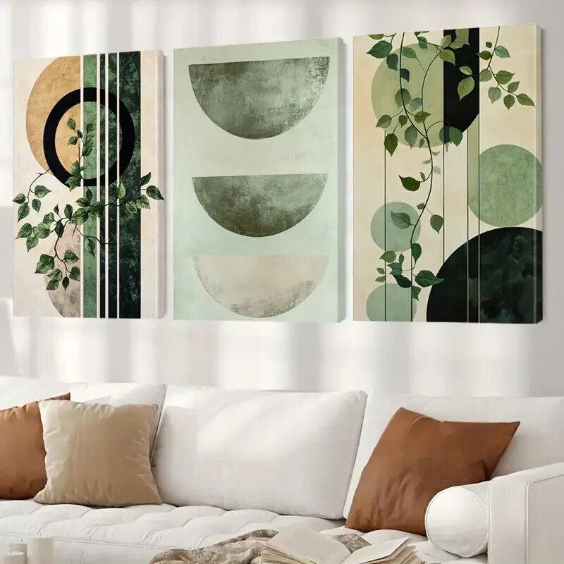 3pcs Abstract Shapes Water Color Painting In Shades Of Green Canvas Unframed