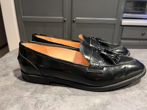 J Crew Shiny Black Leather Almond Toe W Tassel Penny Loafers Women's Sz 10 - Picture 2 of 11