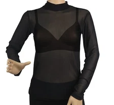 Women's Long Sleeve Mesh Sheer See Through Casual Blouse High Neck Top New