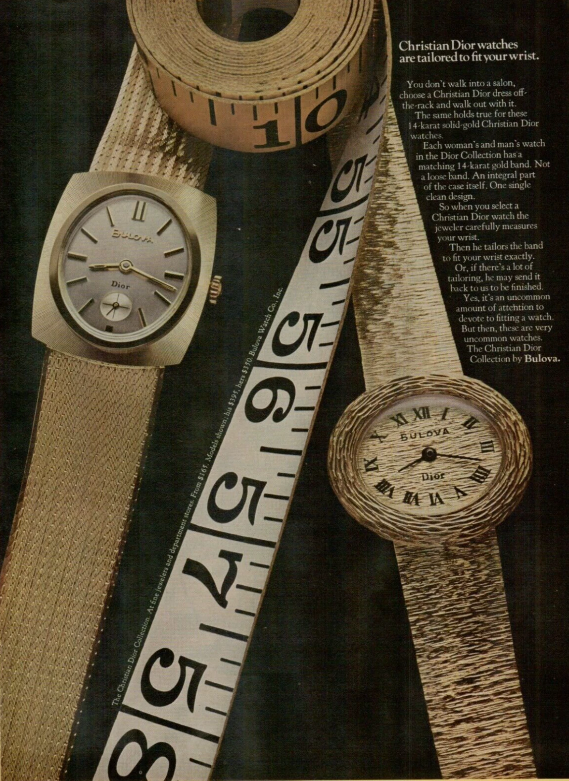 Montre Bulova 1969 collection Christian Dior mesurée au poignet vintage print annonce