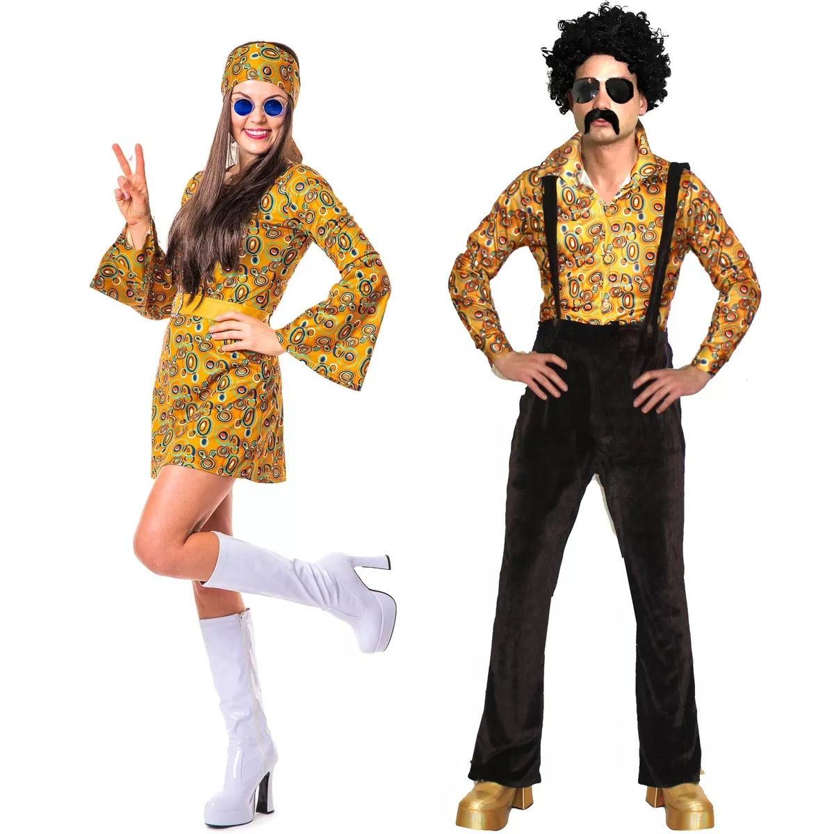 Retro Disco Groovy Hippy Costume Couples Hippie Fancy Dress 60s 70s Flower  Flare