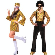 Retro Disco Groovy Hippy Costume Couples Hippie Fancy Dress 60s 70s Flower Flare