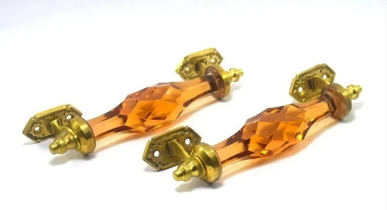 Manija de puerta victoriana artesanal naranja de vidrio cortado vintage de 2 piezas Foto 3 de 4