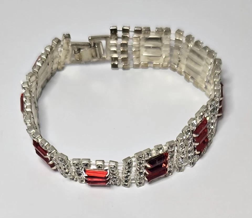Women's Classic Baguette-Cut Red & Clear Rhinestones Mesh Fashion Bracelet - Image 4 of 4