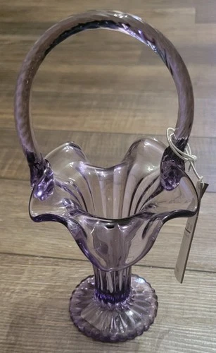 Fenton Purple Glass Fluted Basket w/ Ribbed Design 9” Tall Twist Handle