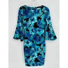 Calvin Klein Blue Floral Bell Sleeve Sheath Dress Size 2 Boat Neck Gold Zipper