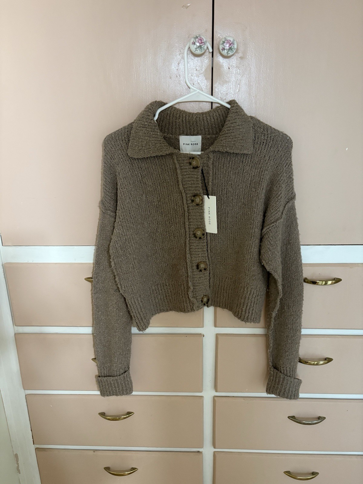 PINK ROSE Brown Collared Button Cardigan Sweater Long Sleeve Size S