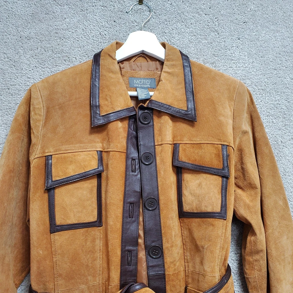 Motto Your Style Mantra Suede Leather Safari Jacket Womens Small Brown Belted - Image 3 of 4