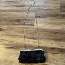 Black Pleated Evening Clutch Bag w/ Silver Chain Strap, Kiss Lock, Lined