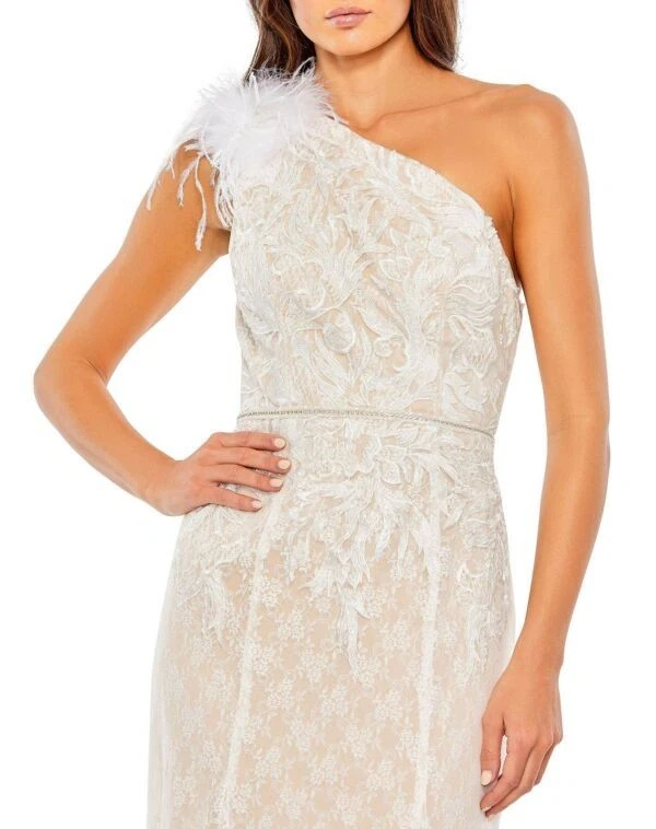 NWT MAC DUGGAL 11317 Ostrich Feather & Lace One Shoulder Gown Size 4 White Ivory - Image 4 of 4