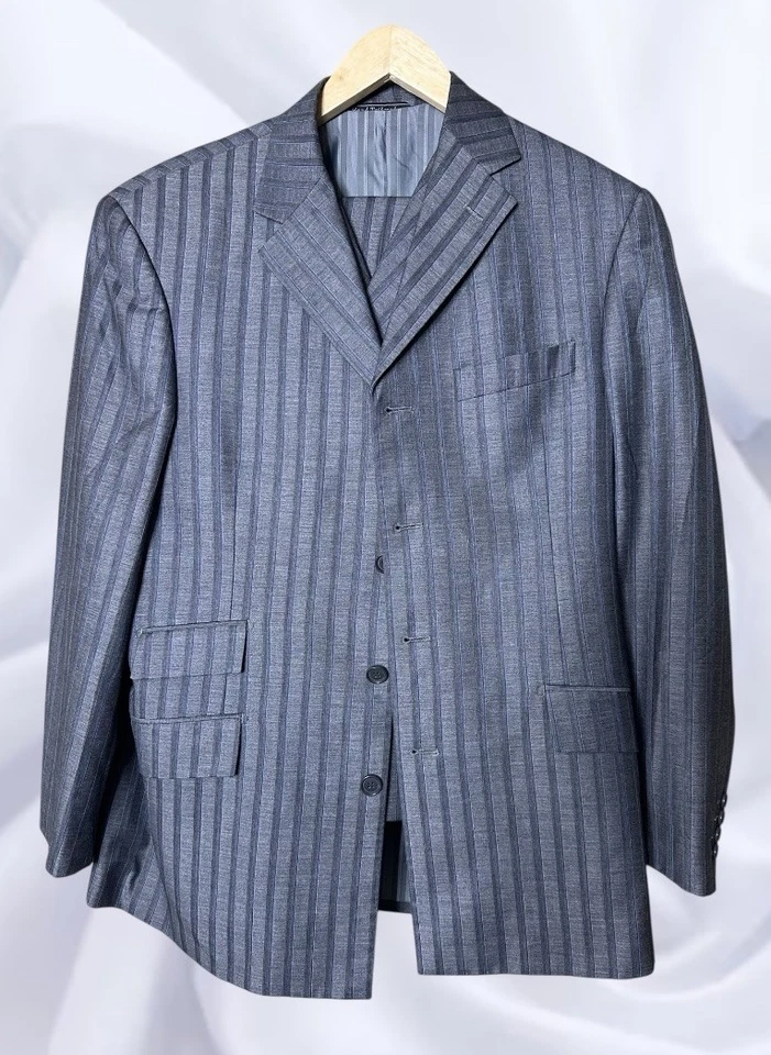 Traje de 3 piezas Steve Harvey Collection 40R gris con rayas azules Super 120s lana merino Foto 2 de 4