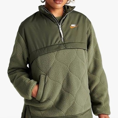 Nike Women's Jacket Size Large Olive Green 1/4 Zip-Up Embroidered Swoosh, Sherpa