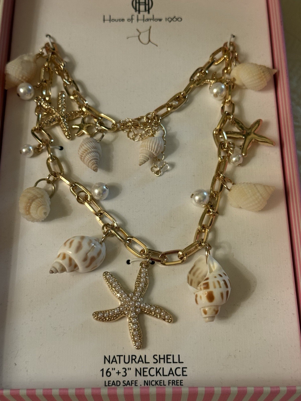 house of Harlow 1960 16”+3”necklace Natural shell gold tone lead safe Nickelfree