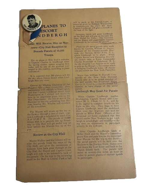 1927 CAPT CHARLES LINDBERGH WELCOME HOME SOUVENIR PROGRAM & PINBACK BUTTON #1120