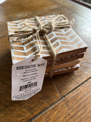 ThirstyStone Coasters Acacia Wood, 4 Set, Absorbent, Arrow Pattern, Stacked, NIP