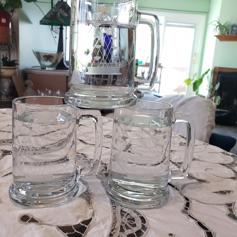 3 Etched Glass Ship Nautical boat Beer Mugs Clipper Tall Ship Vintage Barware 