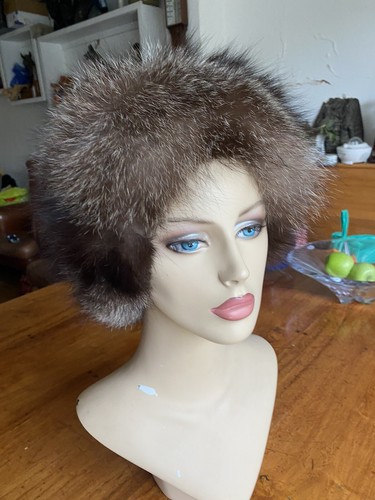 LARGE VINTAGE 90S GENUINE RUSSIAN SILVER FOX ROUND FUR HAT GREY BROWN WINTER - Picture 12 of 19