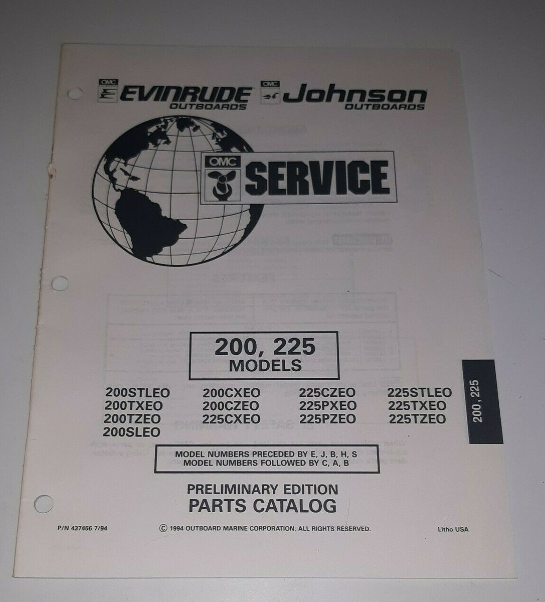 OMC Preliminary Edition Parts Catalog 200, 225 Models P/N 437456 7