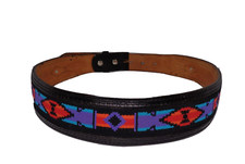 Vtg Native American Western Belt Circle Y Of Yoakum Beaded Black Leather Sz M 32