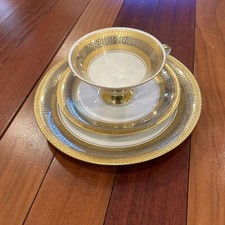3 Piece Vtg Johann Seltmann Vohenstrauss Dessert Plate, Footed Cup Saucer Gold