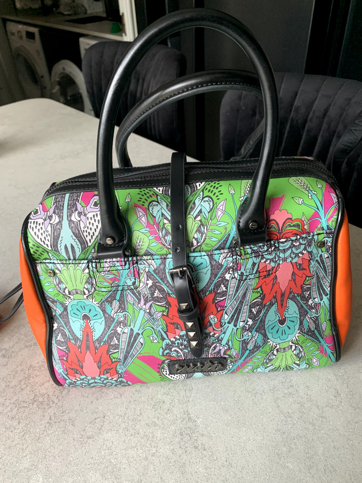 RARO DISEÑADOR Custo Barcelona Naranja Verde Estampado Bolso con Bolsillos