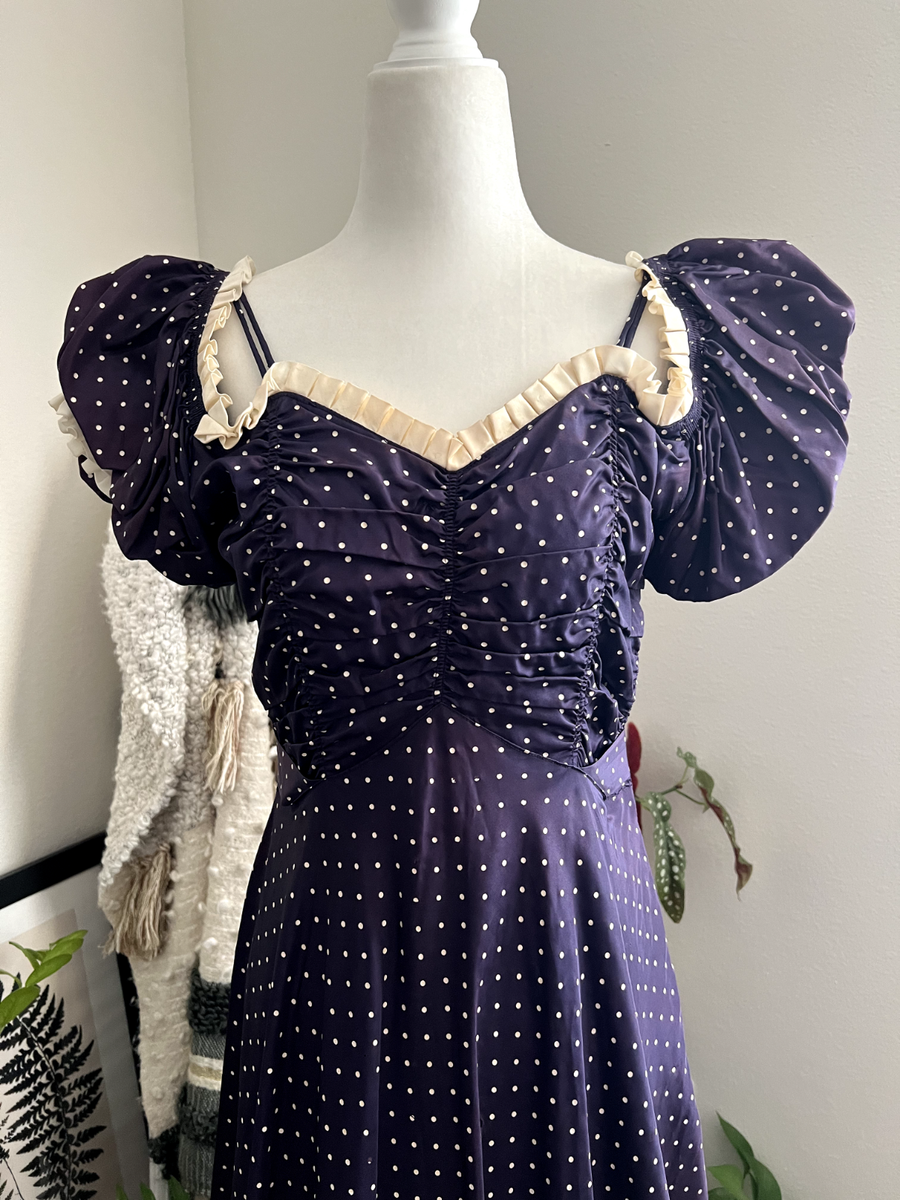 Vintage 1930s Blue Polka Dot Sweetheart Gown Puff Sleeve 29" Waist